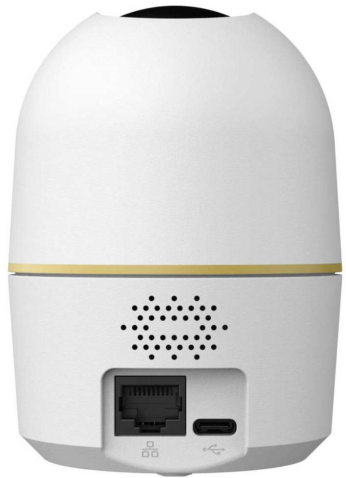 Weißes, abgerundetes Gerät. Schwarze Oberseite. Goldener Streifen. Anschlüsse und Lautsprecherlöcher unten. Ethernet- und USB-Anschluss.