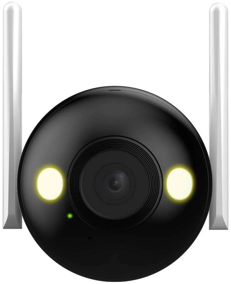 Eine schwarze Überwachungskamera mit zwei weißen Antennen. Sie hat zwei gelbe Lichter und ein grünes Licht. Das Kameraobjektiv befindet sich in der Mitte.