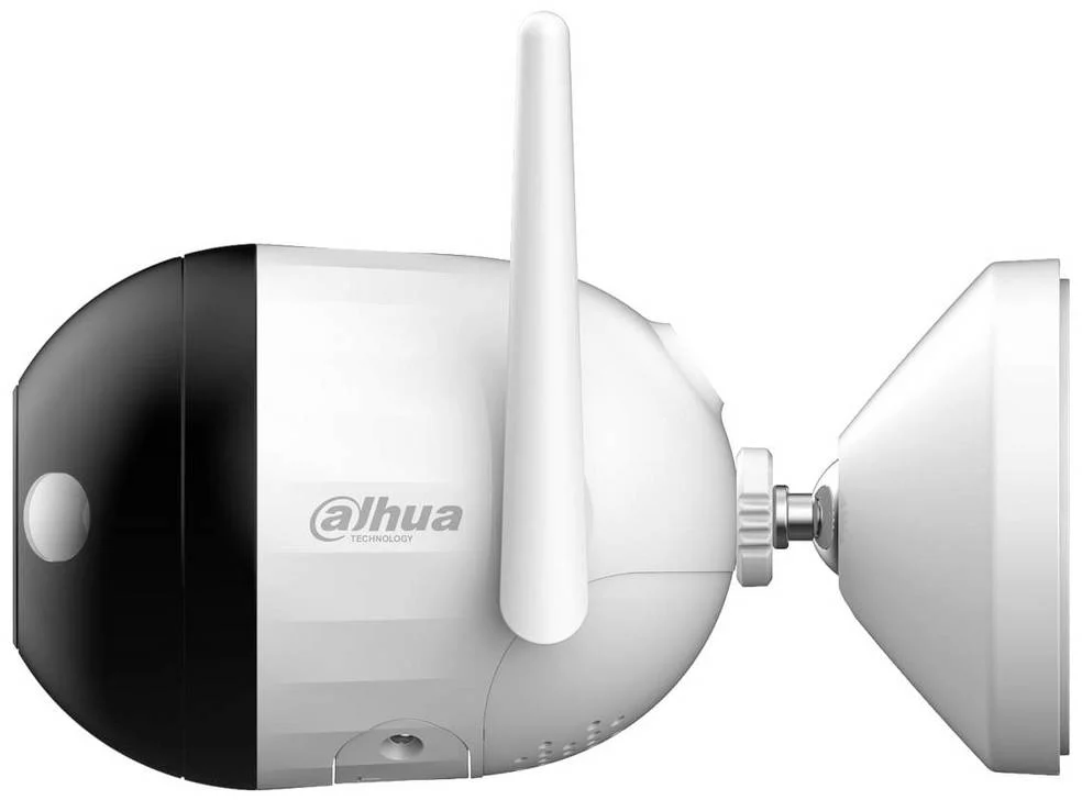 Weiße und schwarze Überwachungskamera mit Antenne. Sie hat das Logo 'ahua technology'. Sie ist an einer weißen Wandhalterung befestigt.
