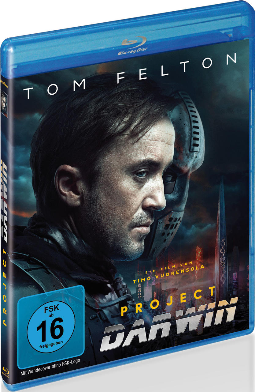 Blu-ray-Cover für 'Project Darwin'. Es zeigt Tom Felton, eine maskierte Figur und futuristische Stadtbilder.