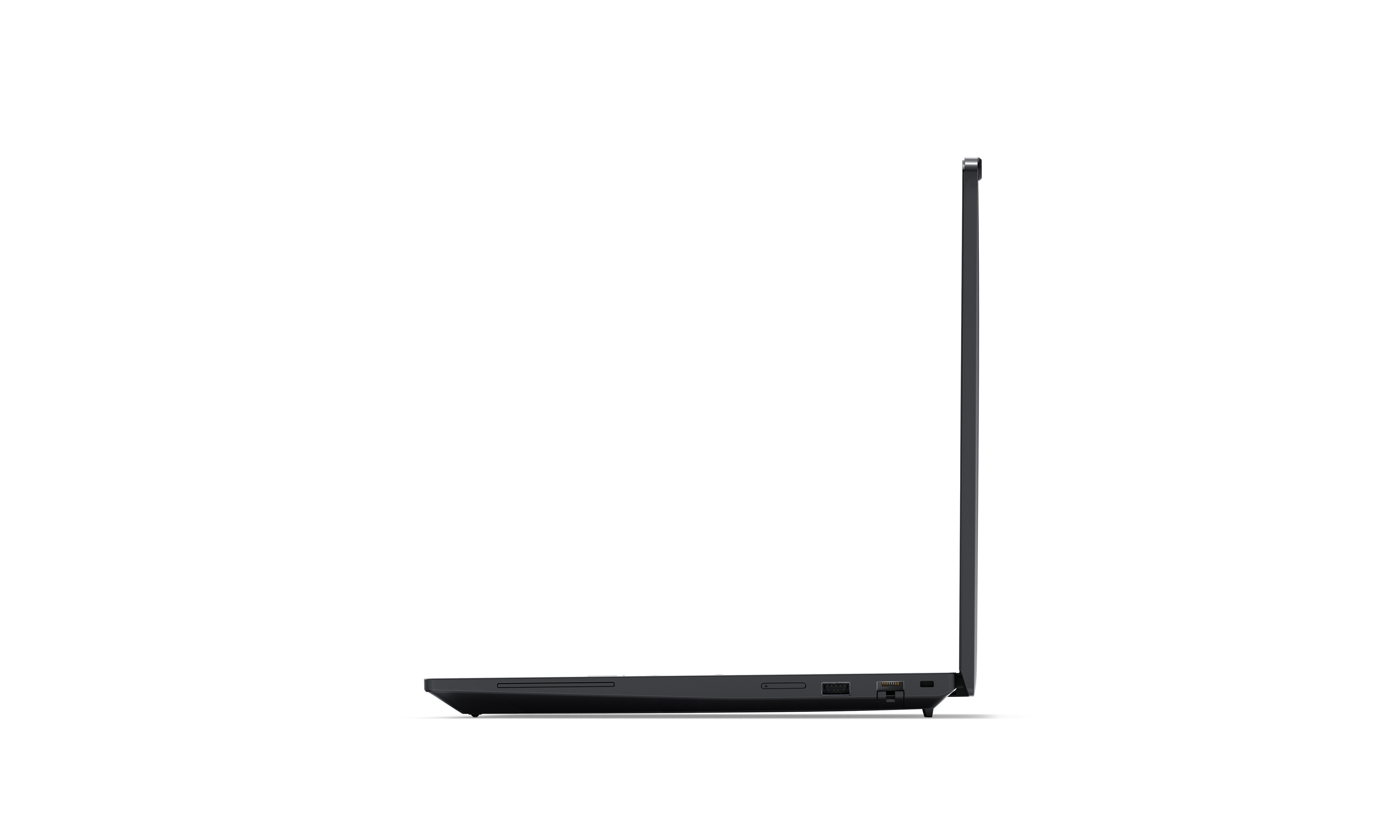 Seitenansicht eines dunklen Laptops vor schwarzem Hintergrund. Anschlüsse sind sichtbar. Der Bildschirm ist geschlossen.