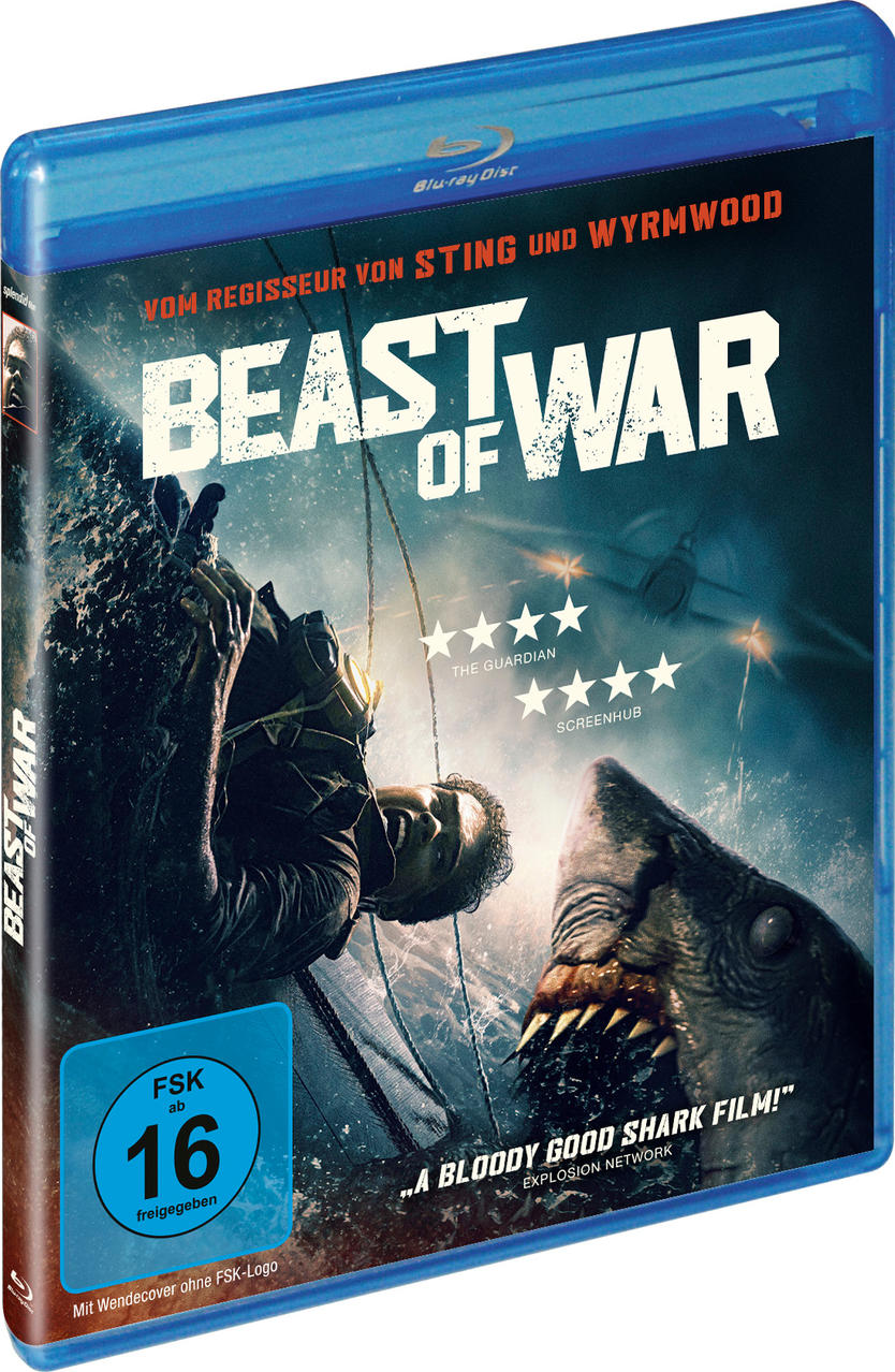 Blu-ray-Cover für 'Beast of War'. Ein Mann kämpft gegen einen Hai. Der Titel steht in großen weißen Buchstaben.
