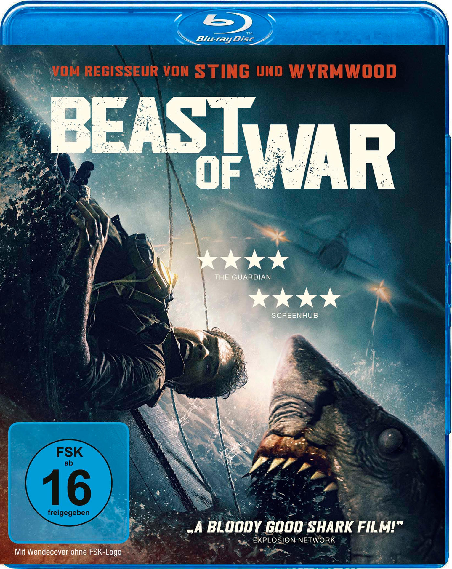Blu-ray-Cover mit einem Mann im Wasser, einem Hai und dem Titel 'BEAST OF WAR'. FSK 16-Rating. Text auf Deutsch.