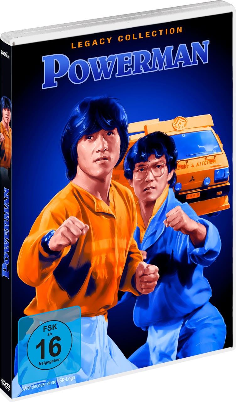 DVD-Cover von Power Man. Zwei Männer in Kampfkunstposen, gelber Van im Hintergrund. Blaues und oranges Farbschema.
