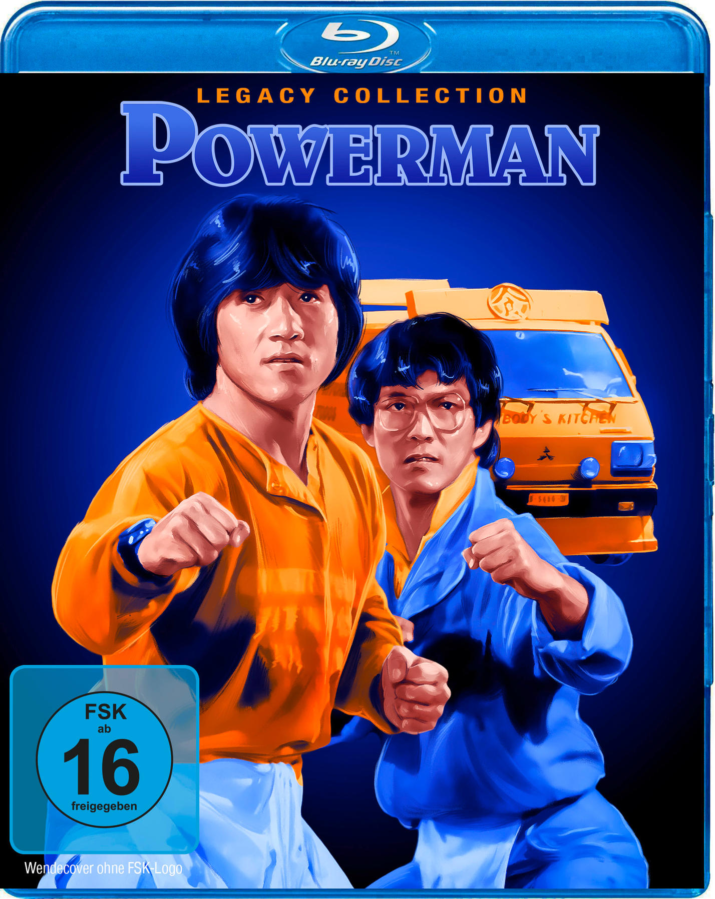 Blu-ray-Cover von Power Man. Zwei Männer in Kampfsportposen, ein Van im Hintergrund, blaue und orange Farben.