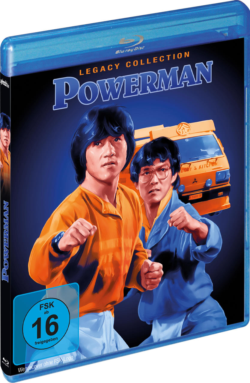 Blu-ray-Cover: Zwei Männer in Kampfposen, orange und blaue Outfits, vor einem orangefarbenen Van, Titel POWERMAN.