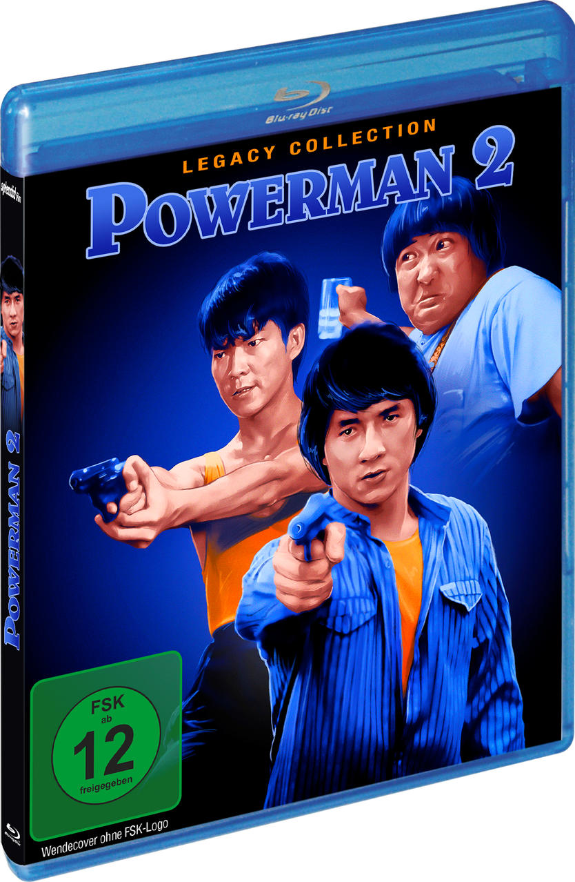 Blu-ray-Cover von Powerman 2. Drei Männer zeigen mit Waffen. Das Cover ist blau, mit weißem Text. Grüner Kreis mit Altersbeschränkung.