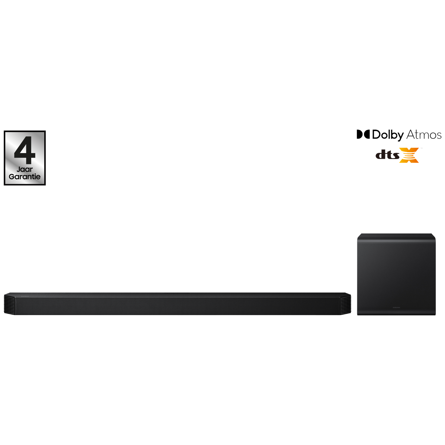 Een zwarte soundbar en subwoofer op een witte achtergrond. Dolby Atmos en DTS logo's rechtsboven. Een 4 jaar garantie logo links.