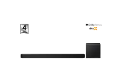 Een zwarte soundbar en subwoofer op een witte achtergrond. Dolby Atmos en DTS logo's rechtsboven. Een 4 jaar garantie logo links.
