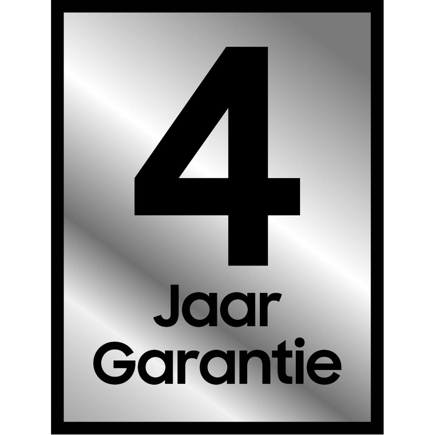 A silver square with a black border. Inside is a large black number 4, and below it, 'Jaar Garantie' in black text.