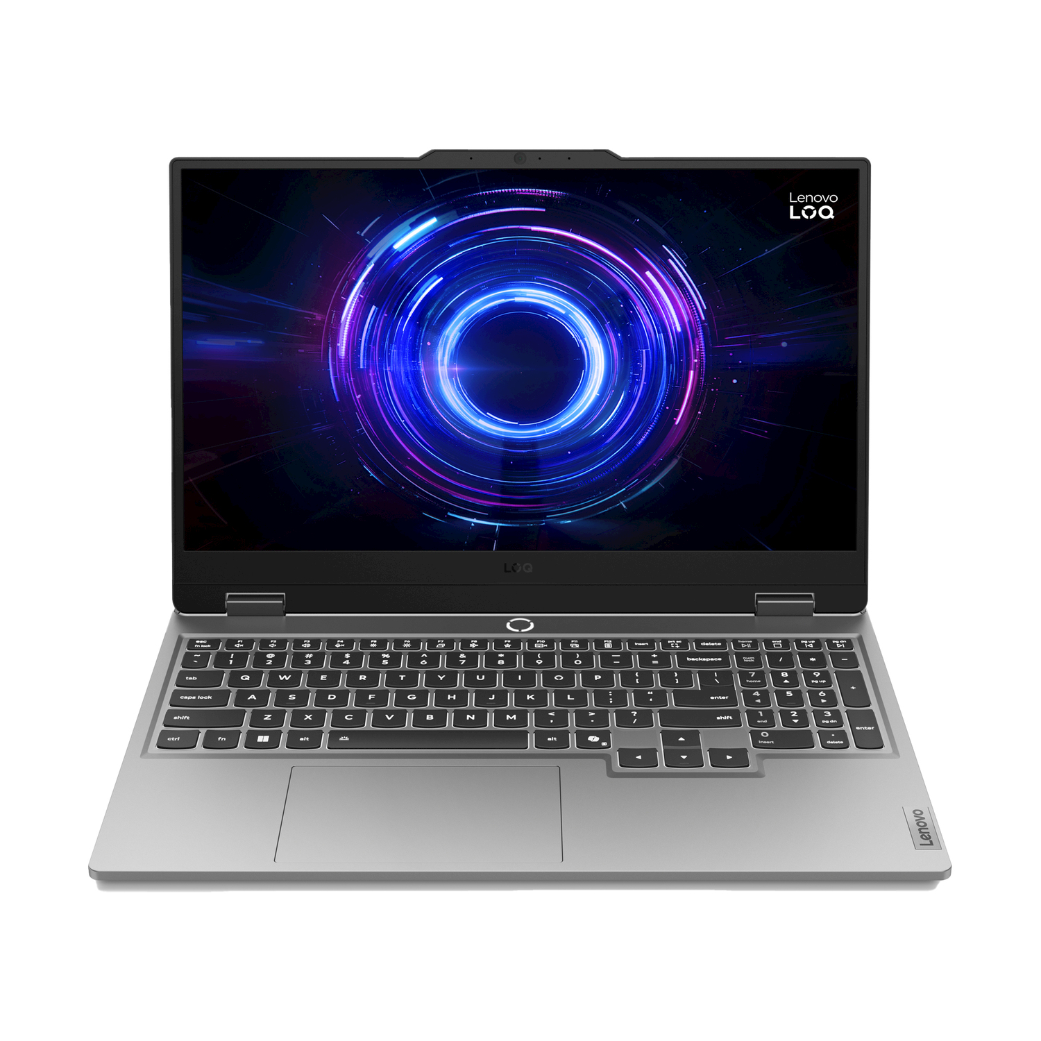 Viene visualizzato un laptop Lenovo LOQ. Lo schermo mostra una grafica circolare blu e viola. La tastiera è argento e nera.