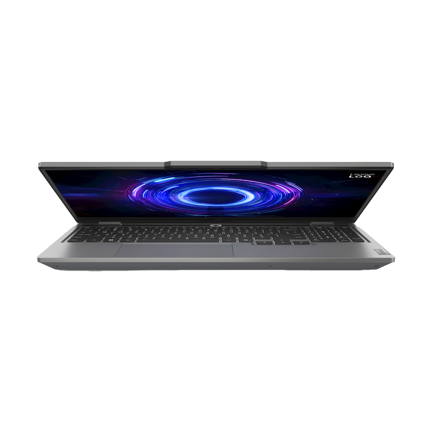 Laptop grigio aperto su sfondo bianco. Schermo con grafica circolare blu e viola. Tastiera visibile. Logo Lenovo laterale.