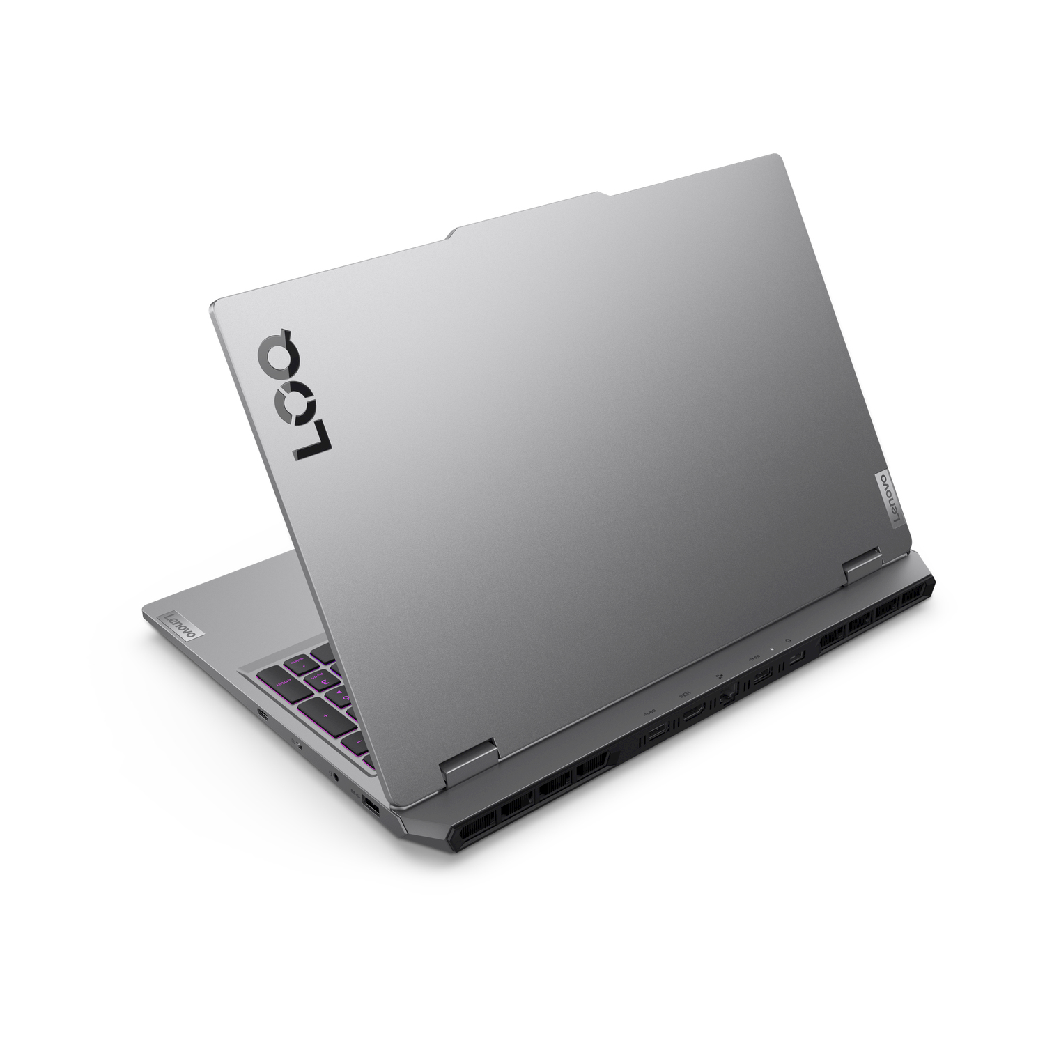 Laptop Lenovo argento, parzialmente aperto. Lo schermo mostra il logo Legion. La tastiera ha dettagli viola. Sfondo bianco.