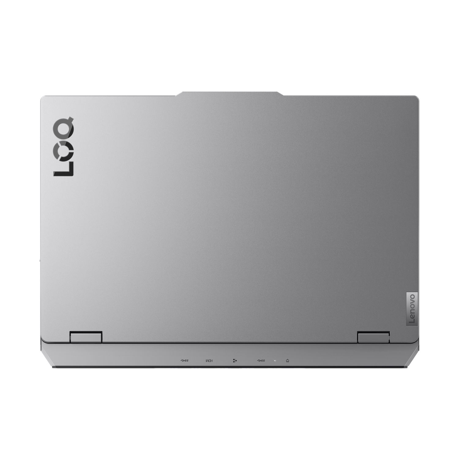 Vista dall'alto di un laptop argentato. La parola LOQ è in alto a sinistra. Il logo Lenovo è a destra. Porte visibili in basso.