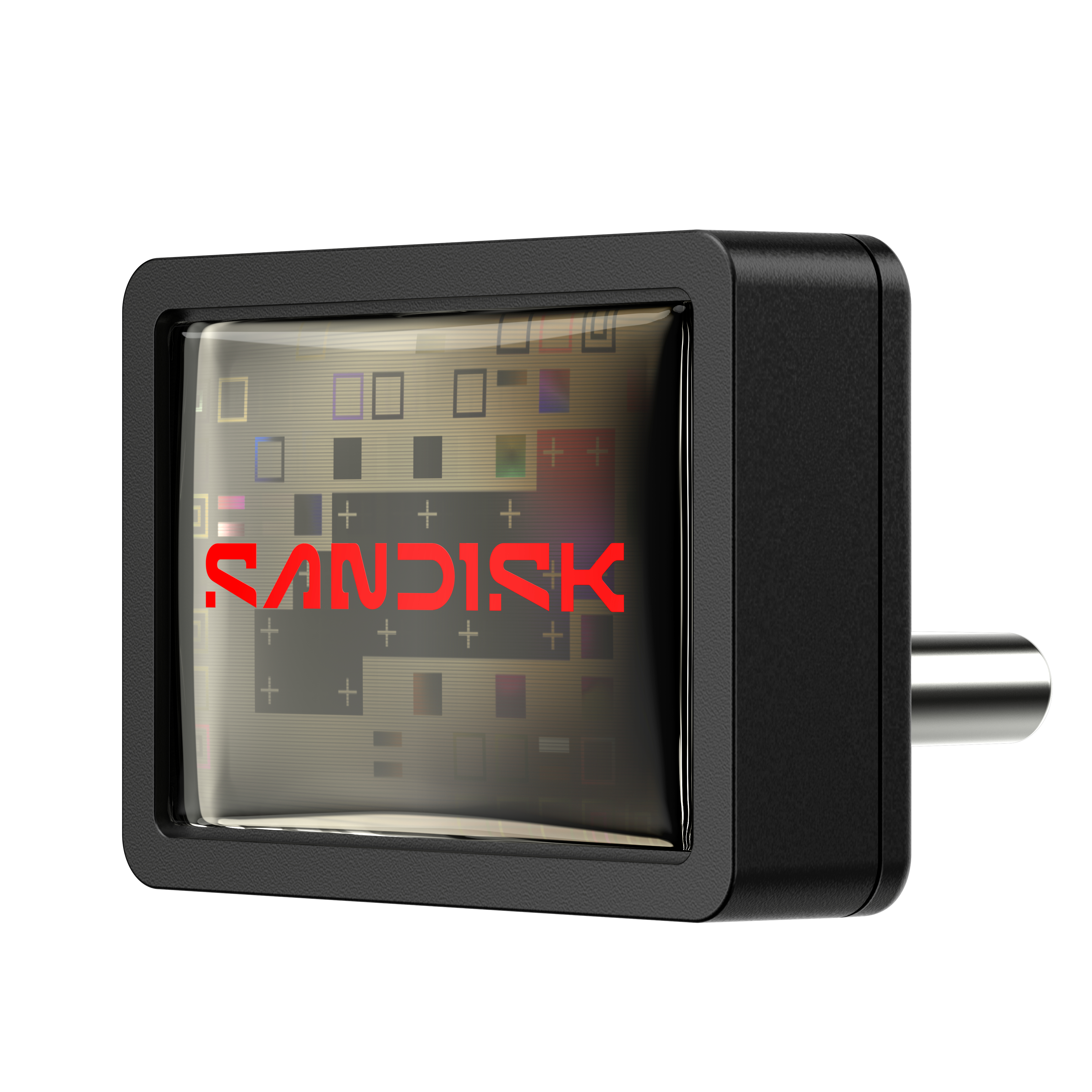 Ein schwarzer Sandisk-USB-Stick mit rotem Markennamen. Er hat einen Metallstecker und einen gemusterten Bildschirm.