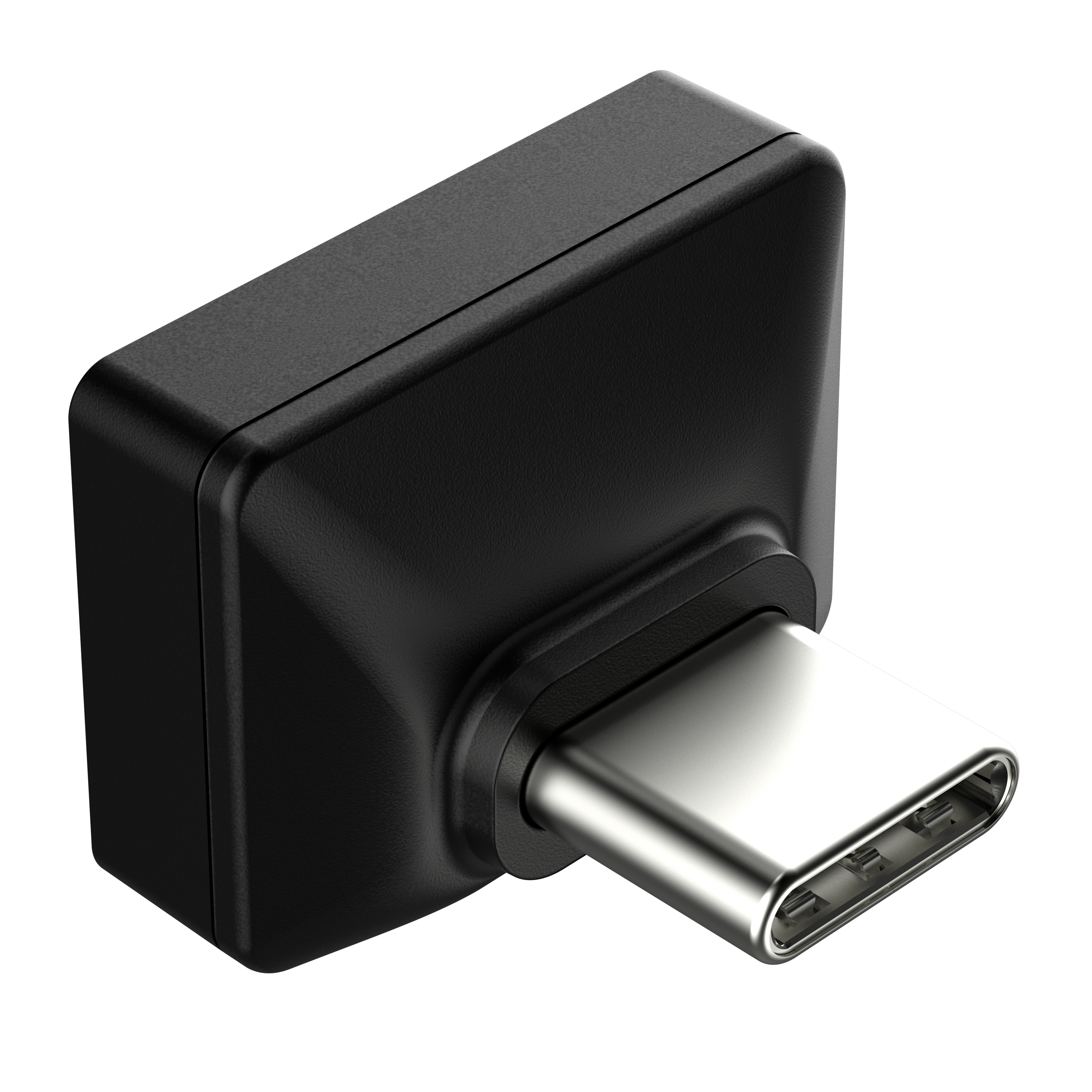 Ein schwarzer USB-C-Adapter mit silbernem Stecker, isoliert auf weißem Hintergrund. Der Adapter ist abgewinkelt.