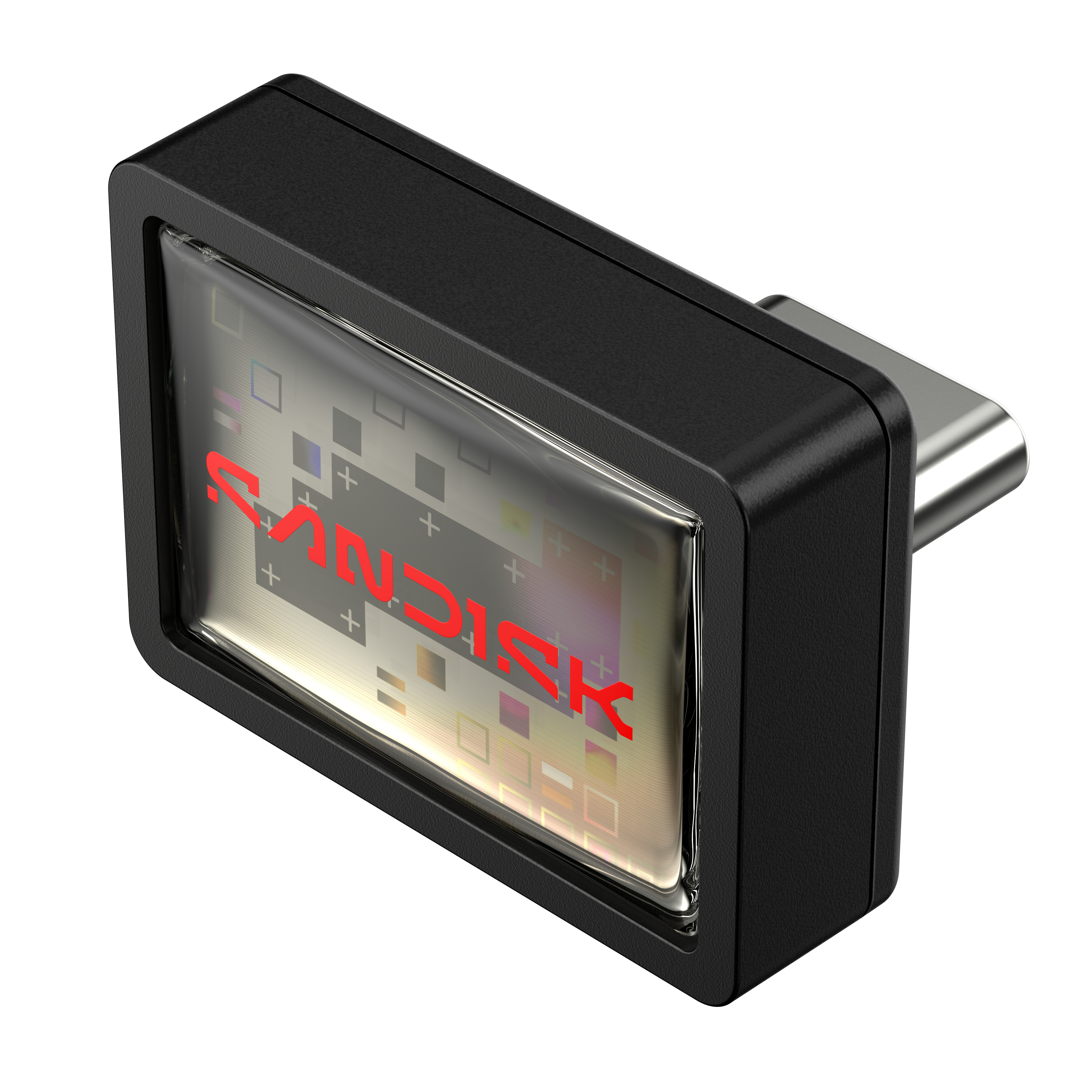 Ein schwarzer USB-Stick mit silbernem Anschluss. Das Laufwerk hat einen Bildschirm mit dem roten "SANDISK"-Logo.