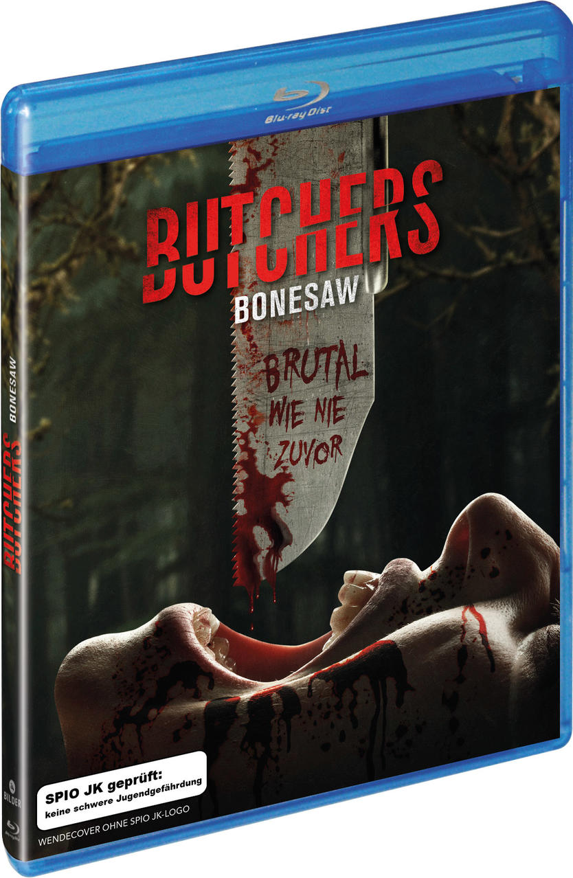 Blu-ray-Cover mit dem Titel "Butchers Bonesaw". Eine blutige Säge ist über dem offenen Mund einer Person positioniert.