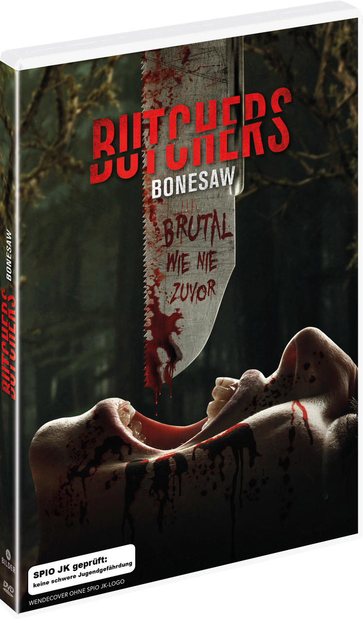 DVD-Cover: Über einem Gesicht befindet sich ein blutiges Sägeblatt. Text: 'BUTCHERS BONESAW BRUTAL WIE NIE ZUVOR'.