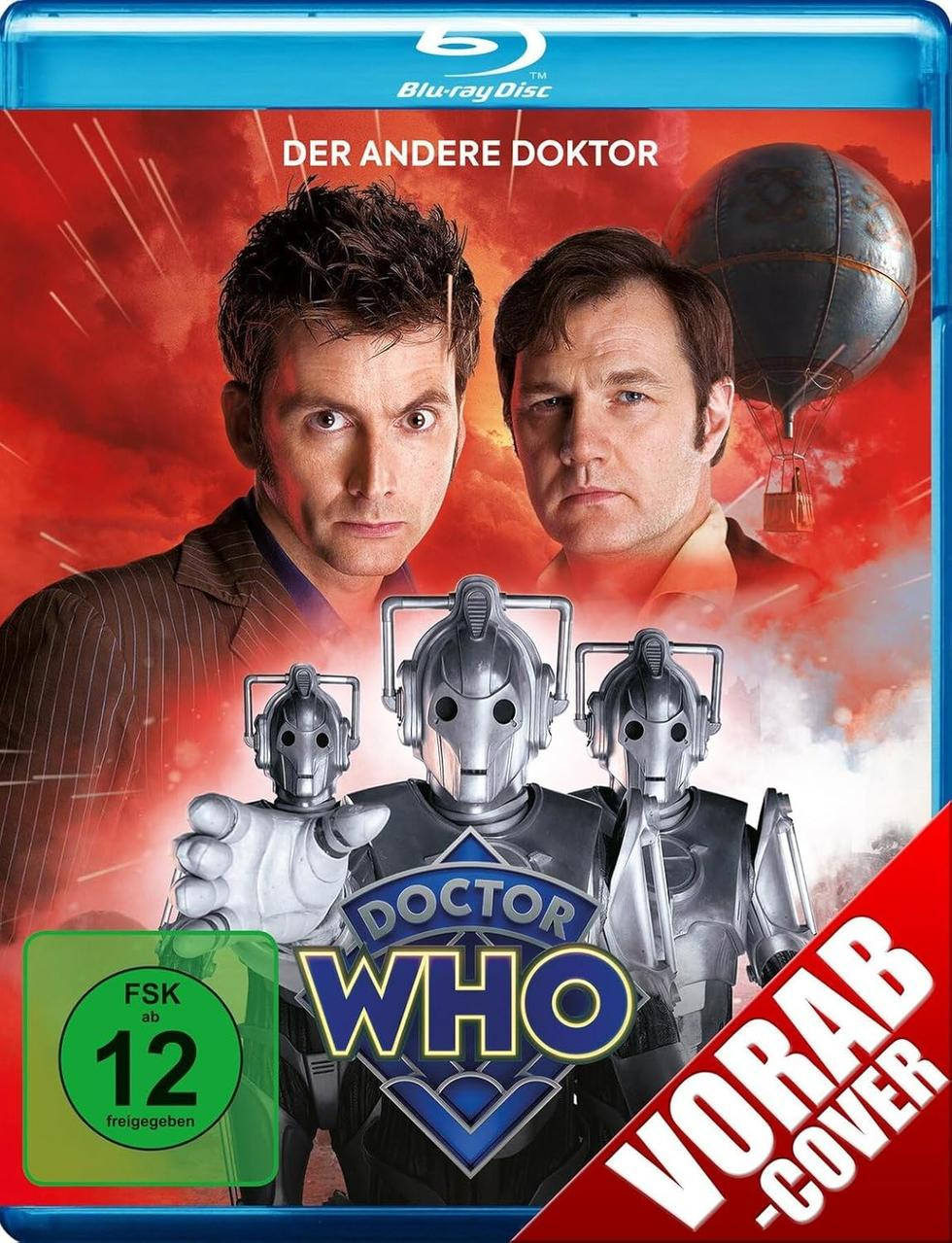 Doctor Who Blu-ray-Cover. Zeigt zwei Schauspieler, Cybermen und das Doctor Who-Logo. Deutscher Titel und ein Bewertungsticker sind sichtbar.