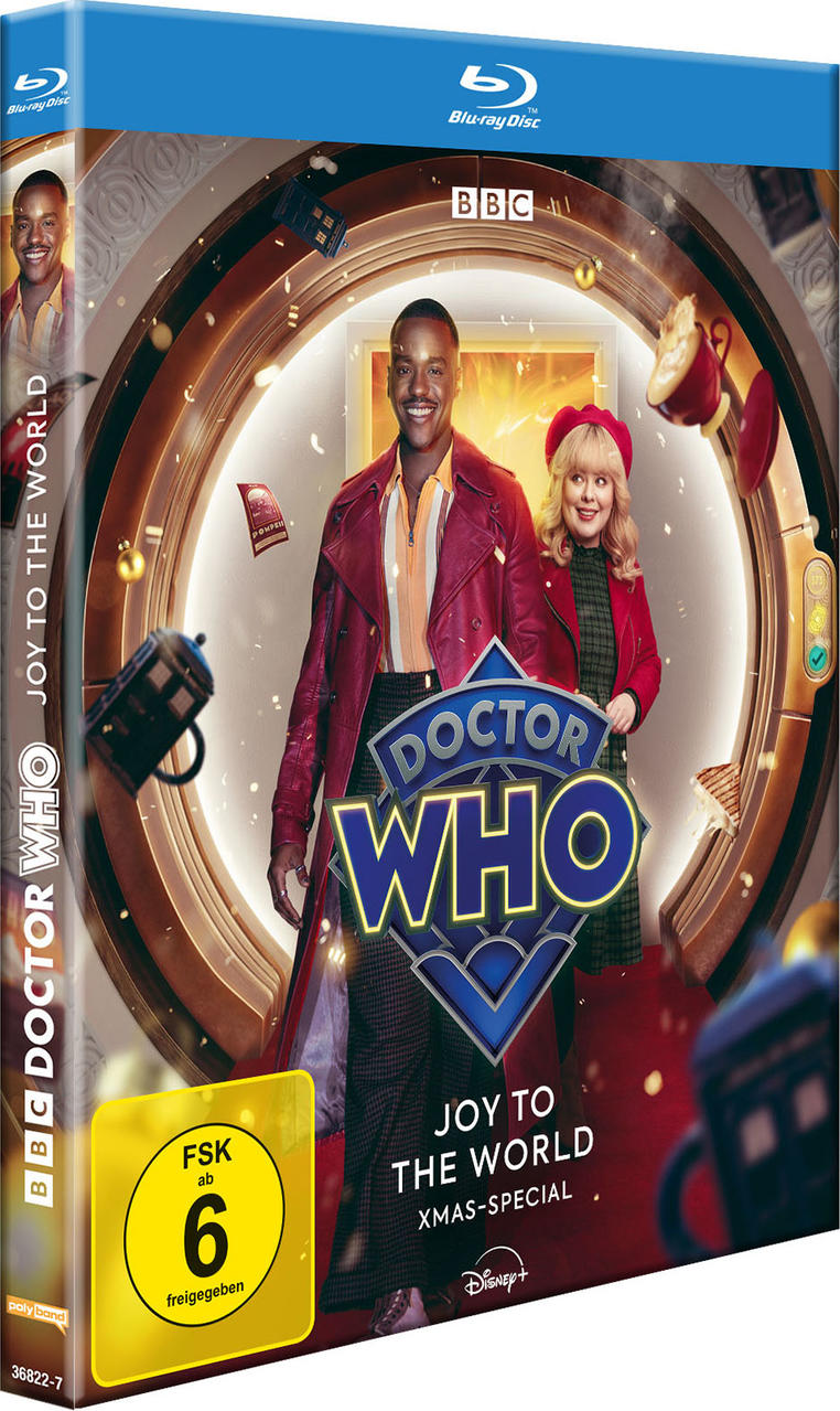 Doctor Who Blu-ray-Cover. Zwei Personen stehen vor einem blauen Logo. Text: Joy to the World, Xmas Special. FSK 6 Aufkleber.