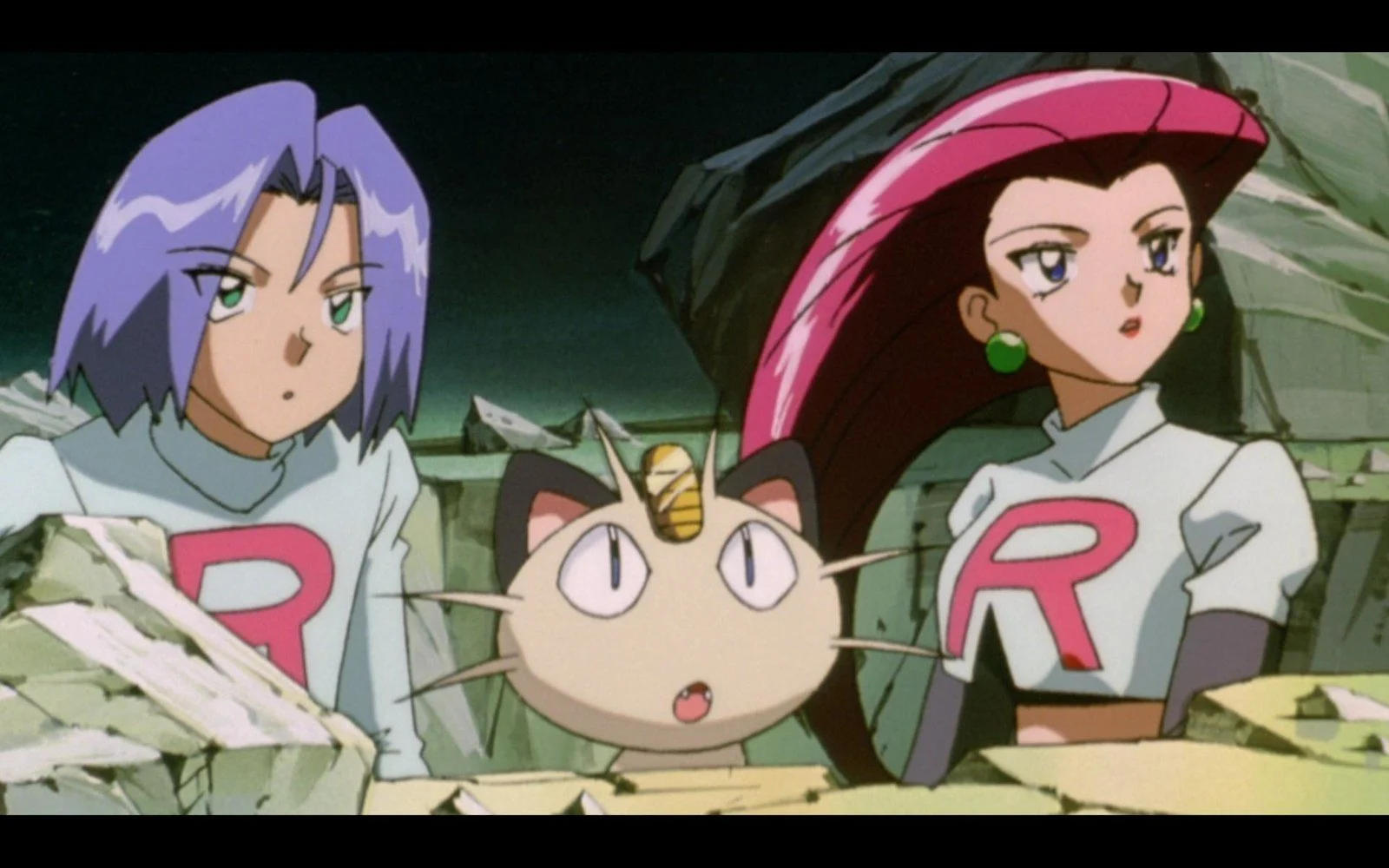 Animeszene mit drei Charakteren: ein Mann mit lila Haaren, eine Frau mit pinkfarbenen Haaren und ein katzenartiges Wesen.