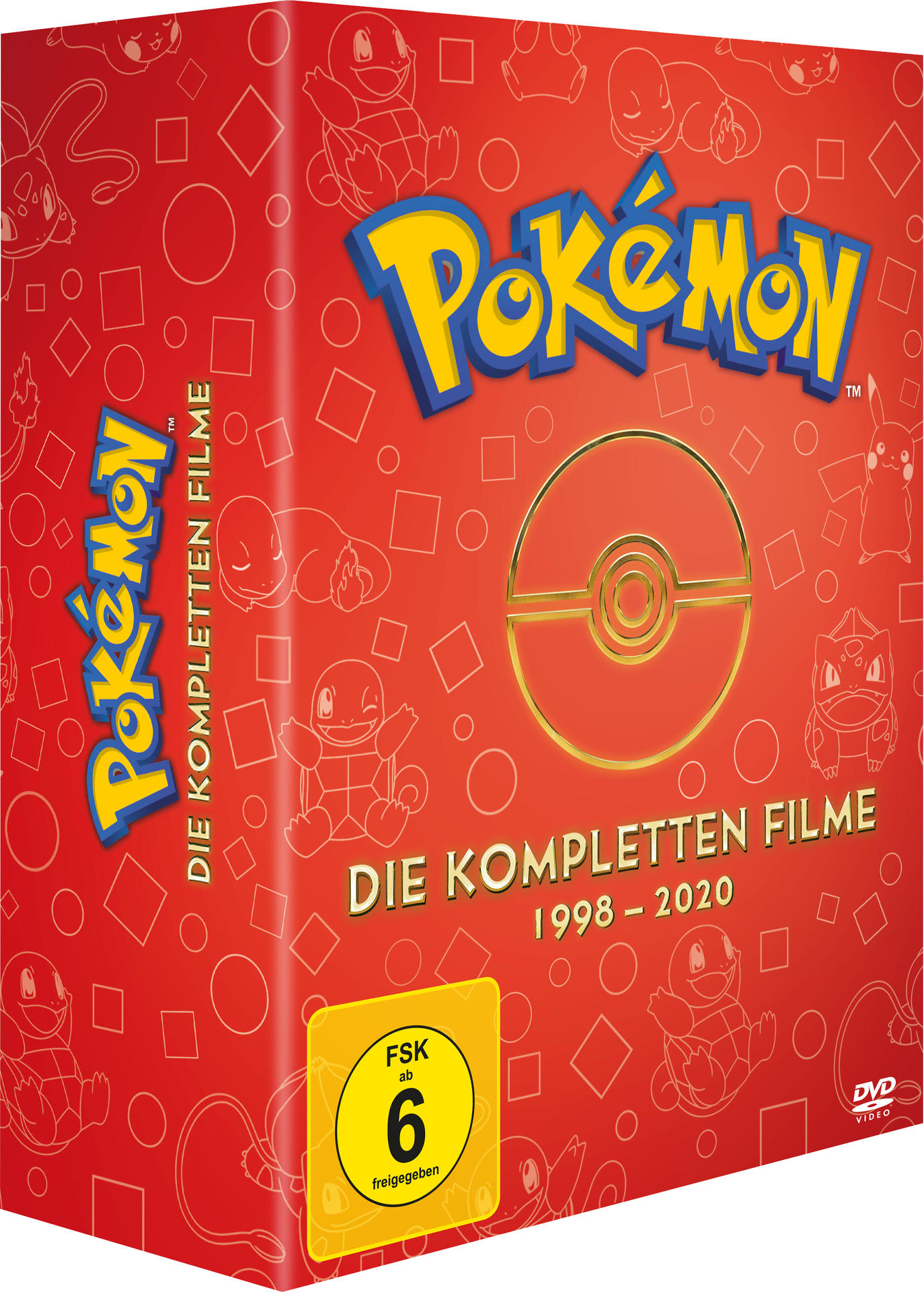 Eine rote Pokémon DVD-Box. Sie hat ein gelbes Pokémon-Logo und -Charaktere. Enthält den Text 'DIE KOMPLETTEN FILME'.