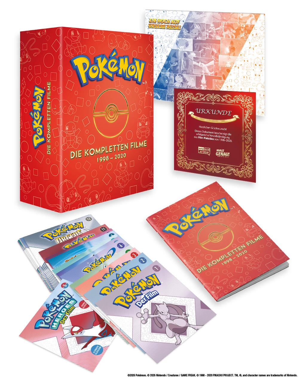 Ein rotes Pokémon-Box-Set mit verschiedenen Filmcovern und einem Zertifikat. Enthält mehrere DVDs, farbenfrohe Designs mit Charakteren.