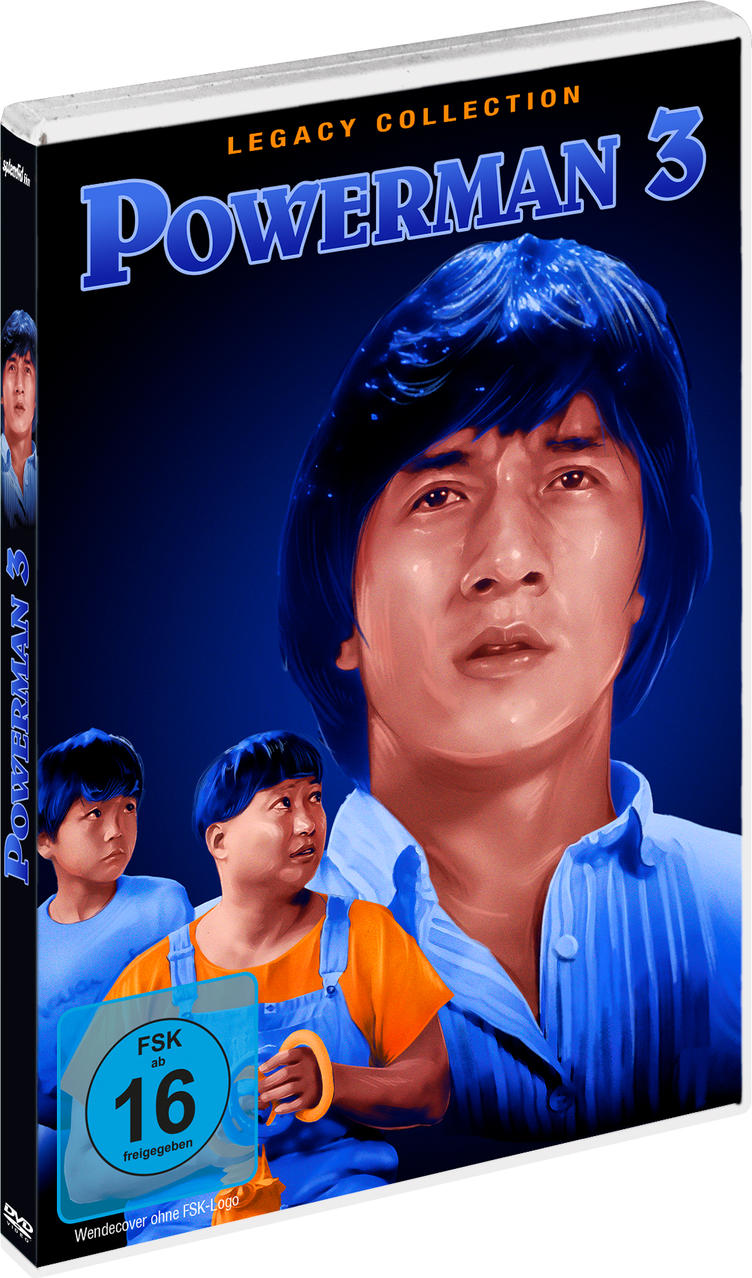 DVD-Cover für 'Powerman 3'. Zeigt ein Männergesicht und zwei Kinder. Text enthält 'Powerman 3' und eine Altersbeschränkung.
