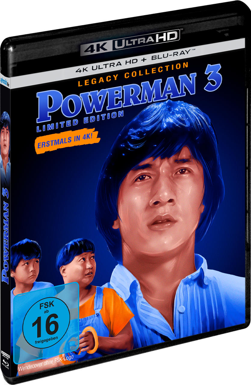 DVD-Cover von Powerman 3. Hauptbild zeigt ein Porträt eines Mannes, blaue Haare, blaues Hemd. Hintergrund blau. Enthält Text und Bewertung.