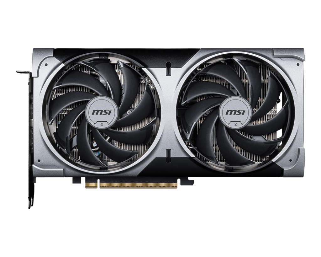 İki büyük fanlı bir bilgisayar ekran kartı. Fanlar siyah ve gümüş renklidir ve kartta MSI logosu bulunur.