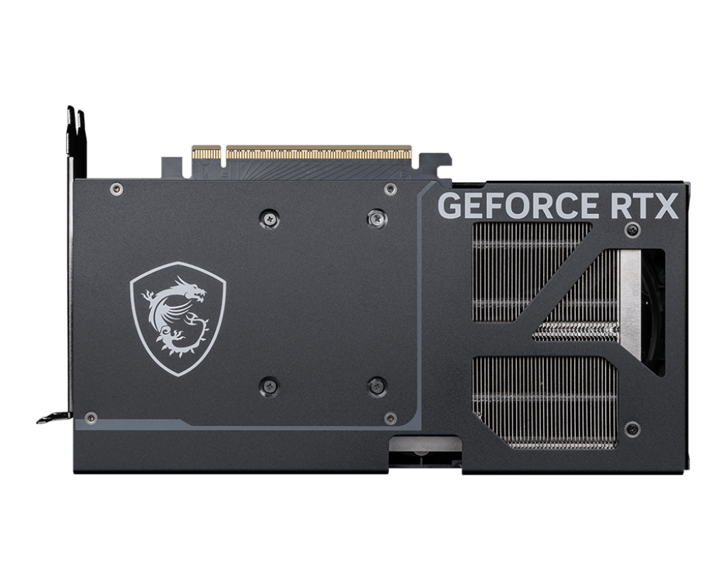 Siyah ve gümüş renkli bir GeForce RTX grafik kartı. Üzerinde bir ejderha logosu ve 'GEFORCE RTX' yazısı var.