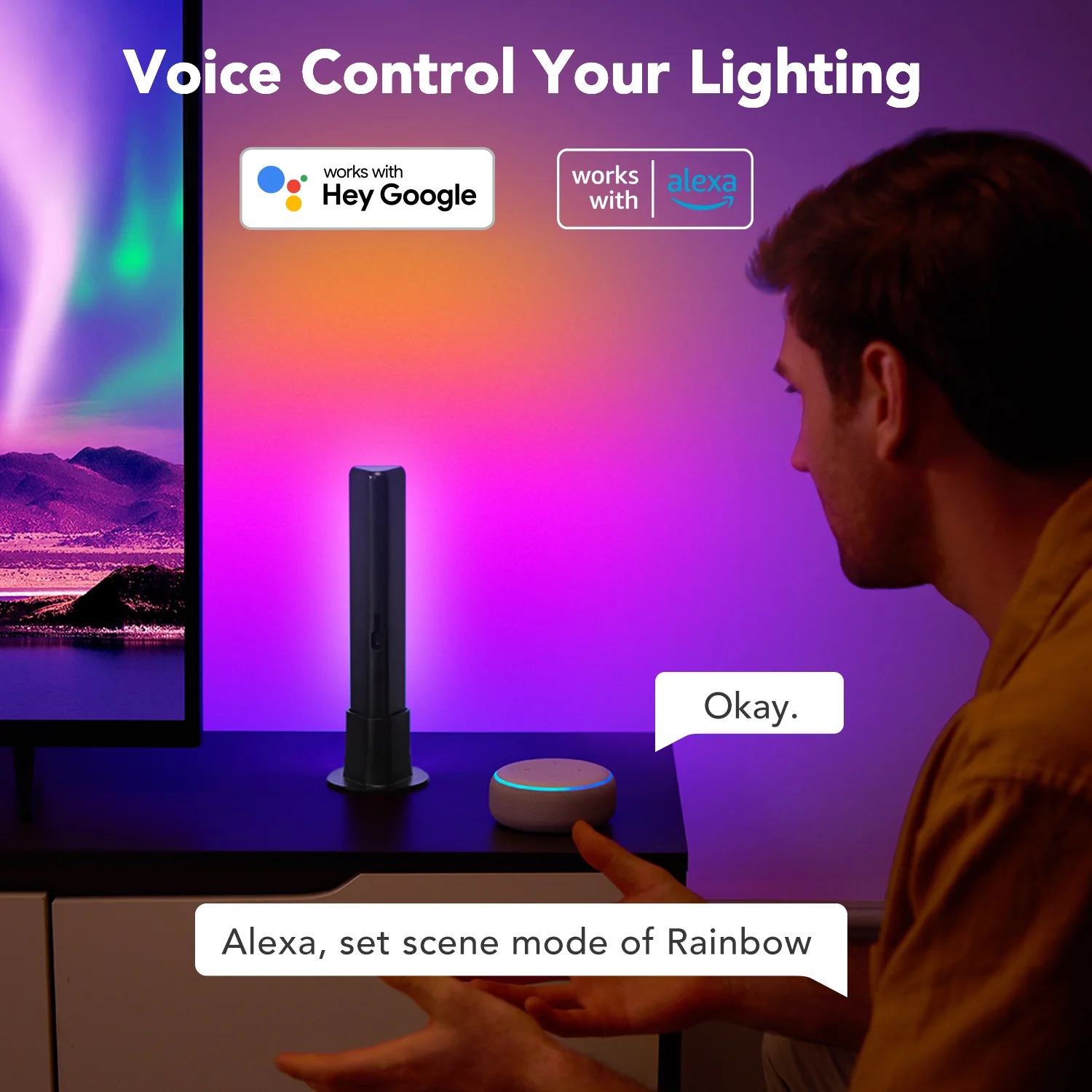 Egy férfi Alexa-val interakcióba lép, hogy vezérelje az intelligens világítást. A jelenet egy okos hangszórót, egy lámpát és szövegbuborékokat tartalmaz.