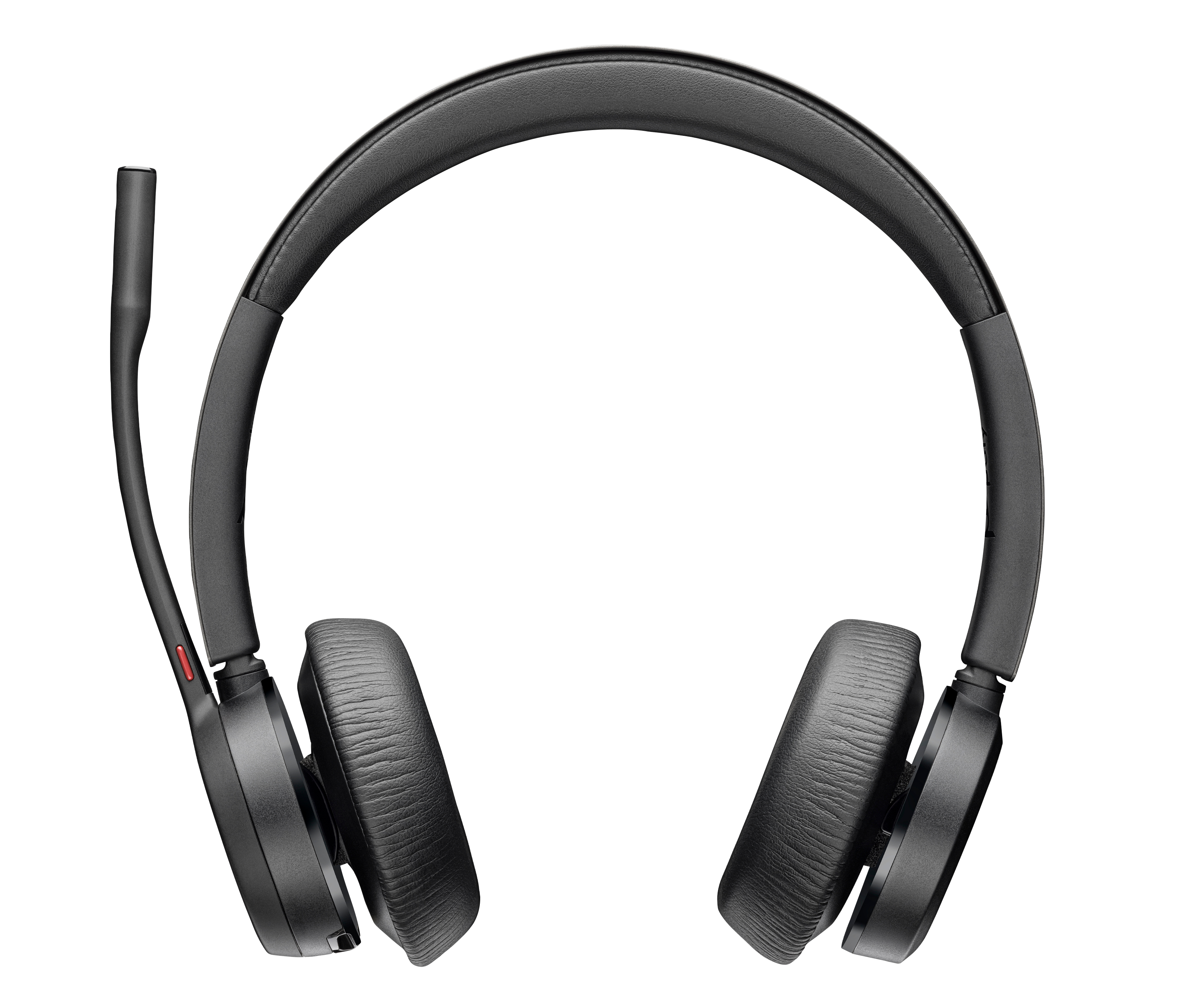 Schwarzes Headset mit Mikrofon. Das Headset hat Ohrmuscheln und ein Kopfband. Weißer Hintergrund.