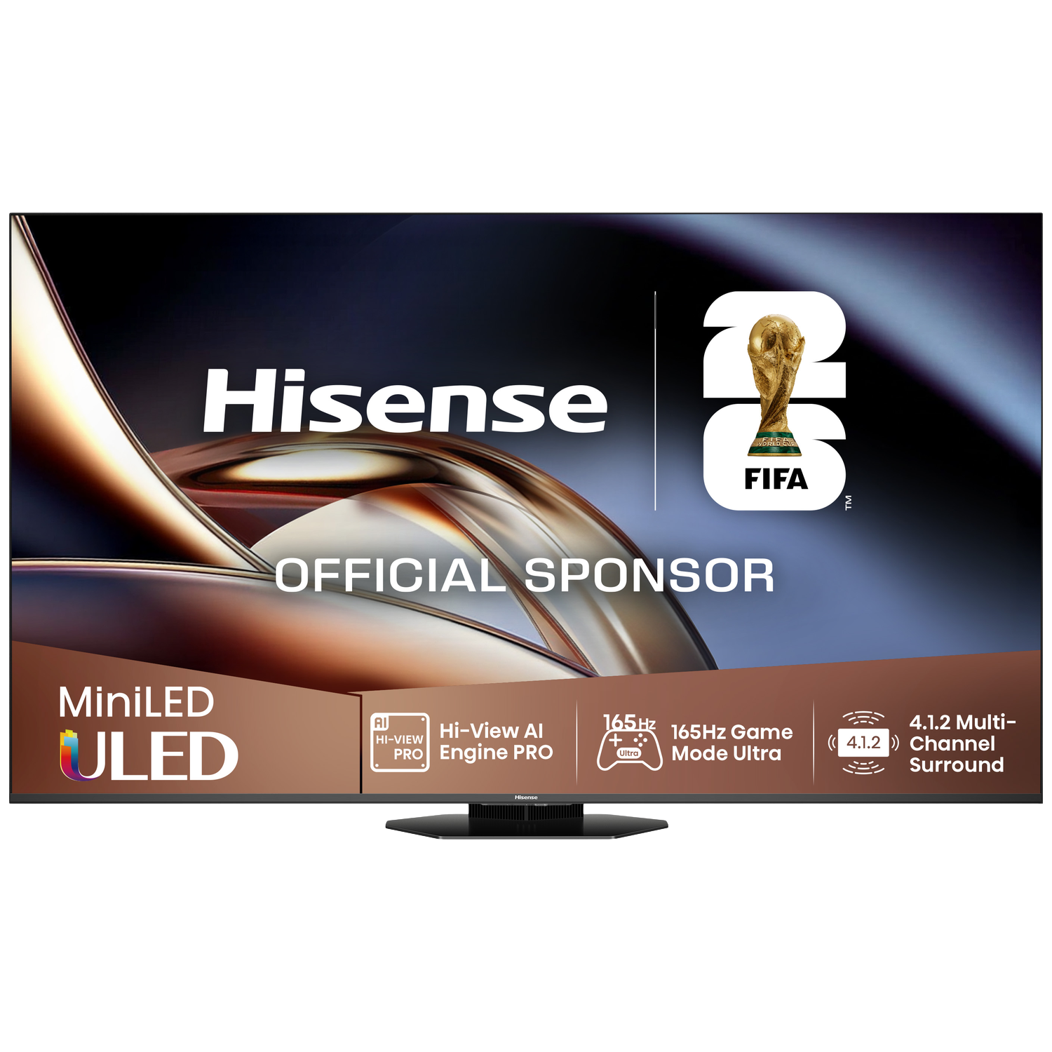 Hisense MiniLED ULED TV, officiële FIFA-sponsor. Met Hi-View AI PRO, 165Hz Game Mode Ultra, 4.1.2 surround sound.