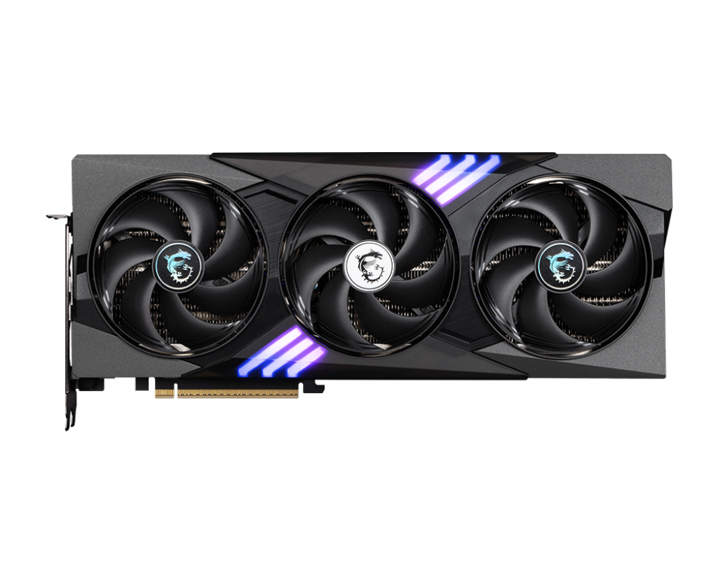 Üç fanlı siyah ve gri bir grafik kartı. Fanların ortasında MSI logosu var. Kartta RGB aydınlatma bulunuyor.