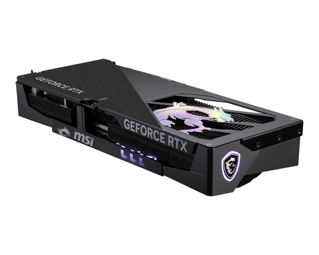 Siyah bir MSI GeForce RTX grafik kartı. Bir ejderha logosu ve MSI logosu var. Kart siyah bir arka plan üzerinde.