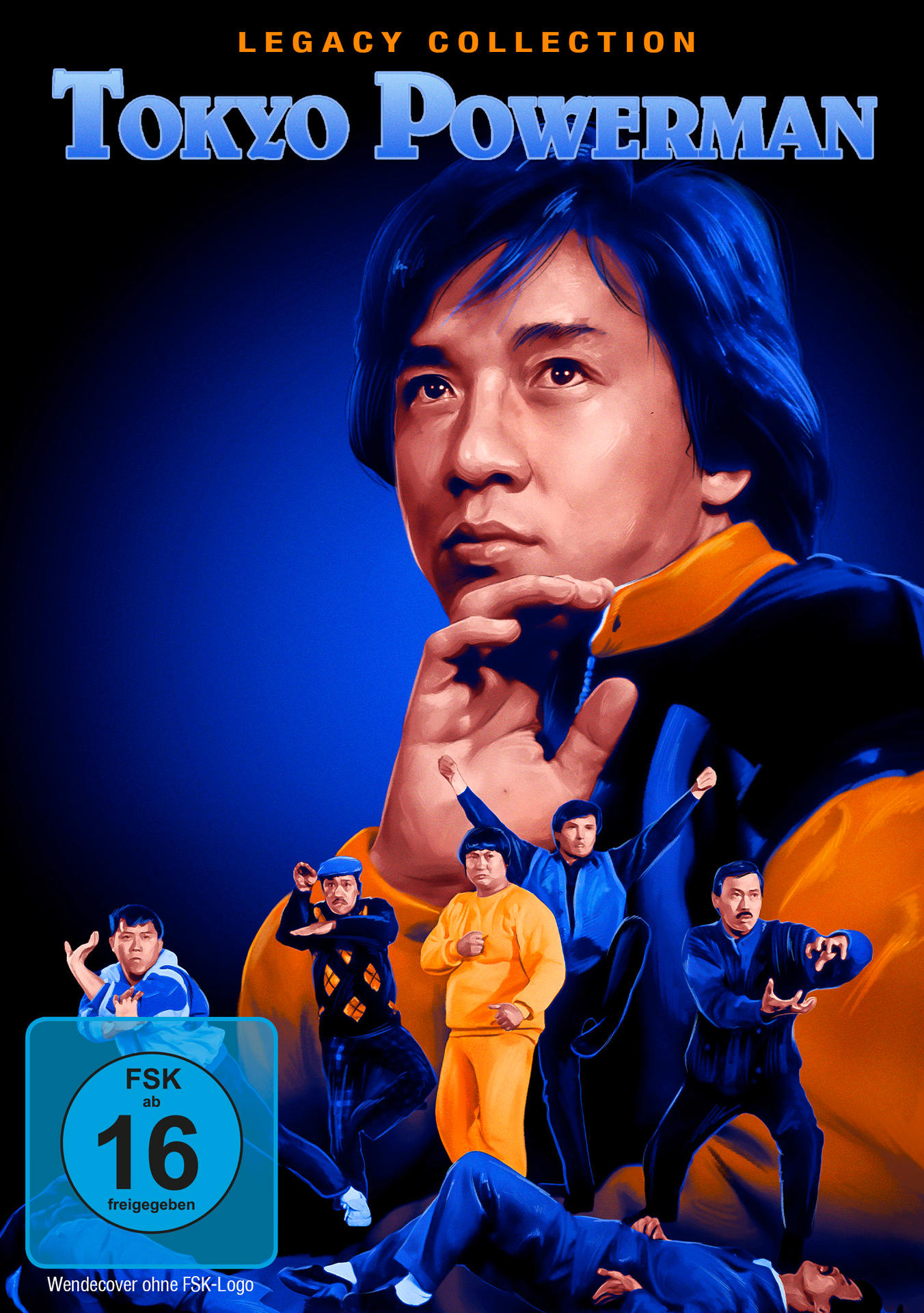 Poster für Tokyo Powerman. Ein Mann dominiert, unten mehrere Personen in Kampfsportposen. Blu-ray-Logo links.