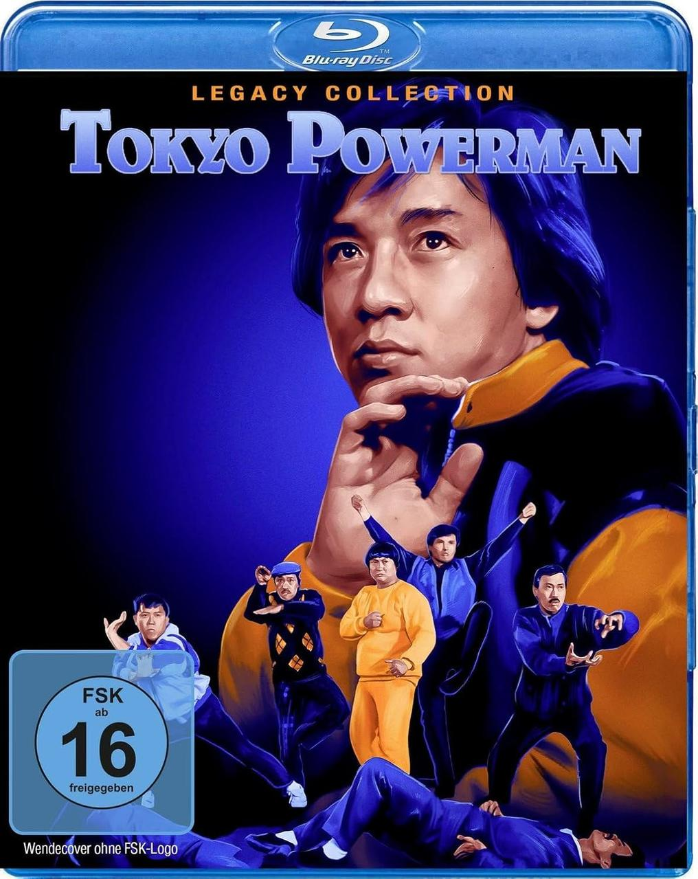 Blu-ray-Cover für 'Tokyo Powerman'. Zeigt einen Mann mit ernstem Blick, umgeben von Figuren in Kampfsportposen und einem Rating-Logo.