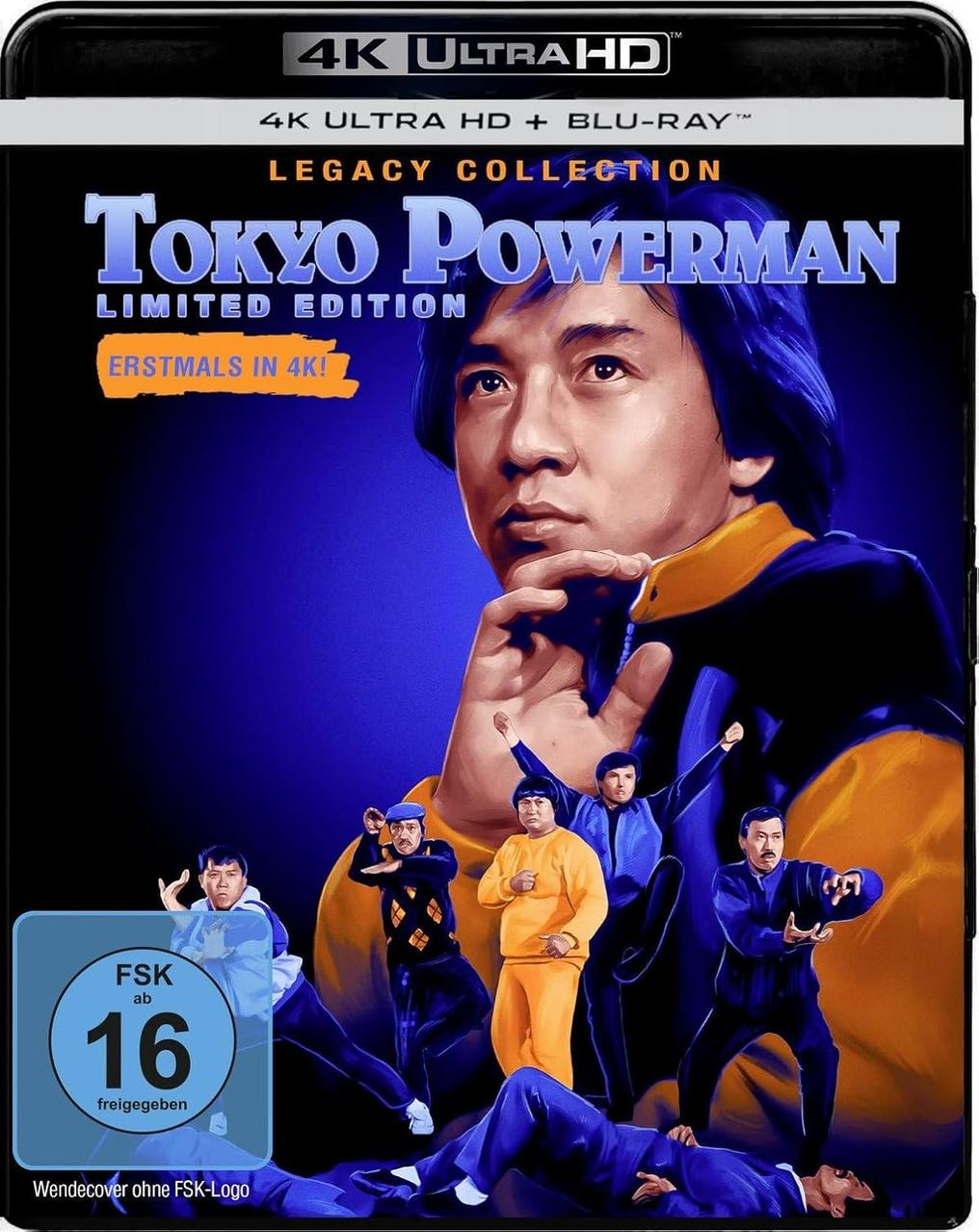Das Cover eines Blu-ray-Films. Es zeigt einen Mann in der Mitte und andere Personen in verschiedenen Actionposen. Der Titel lautet "Tokyo Powerman".
