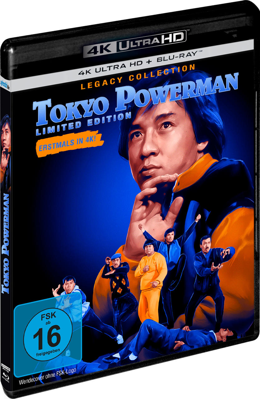 DVD-Hülle für "Tokyo Powerman". Zeigt einen Mann mit ernstem Gesichtsausdruck und mehrere Figuren in Actionposen. Text enthält "4K Ultra HD".
