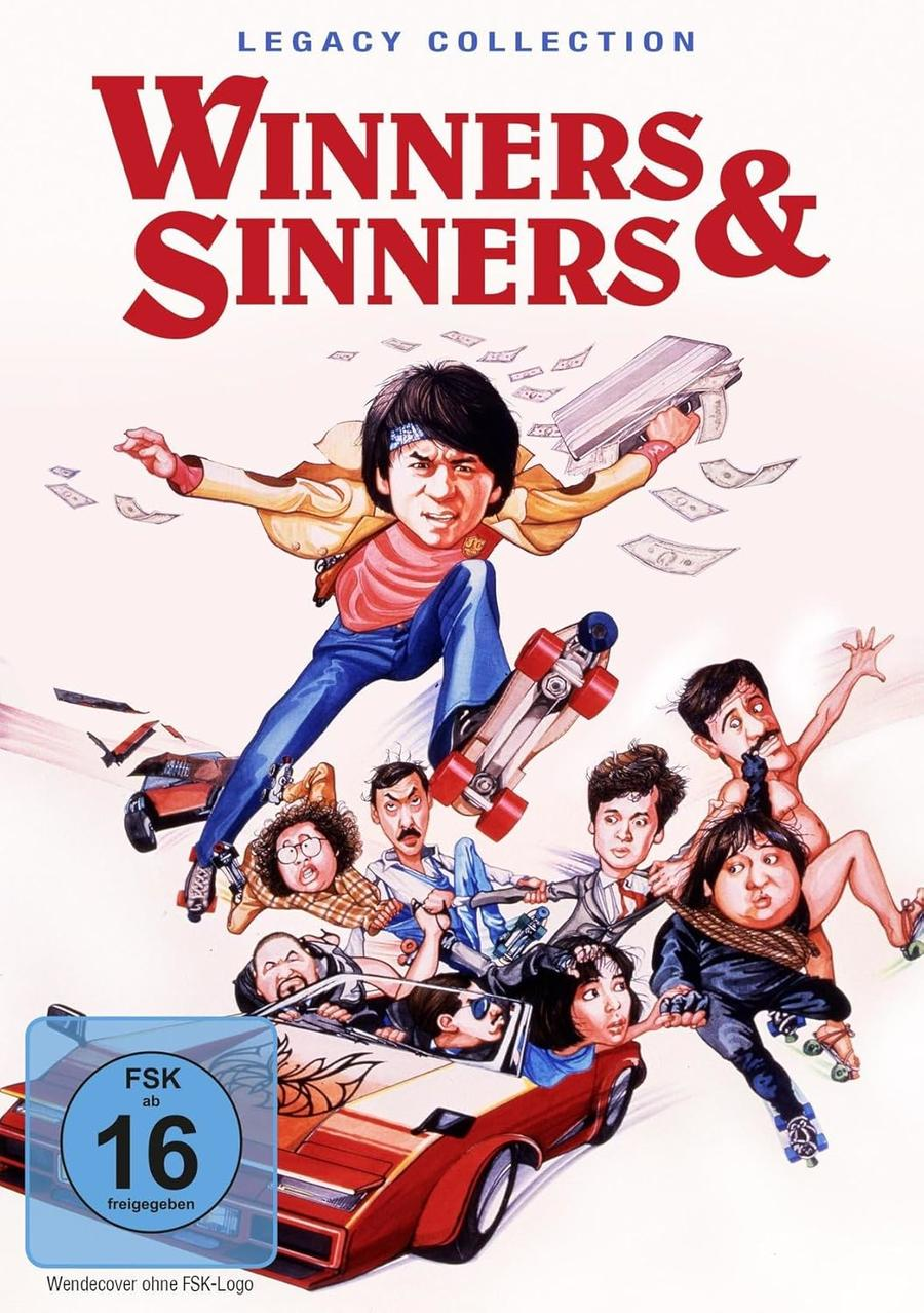 Poster für Winners & Sinners. Jackie Chan auf einem Skateboard. Andere Charaktere sind in einem Auto und auf Rollschuhen, Geld fällt.