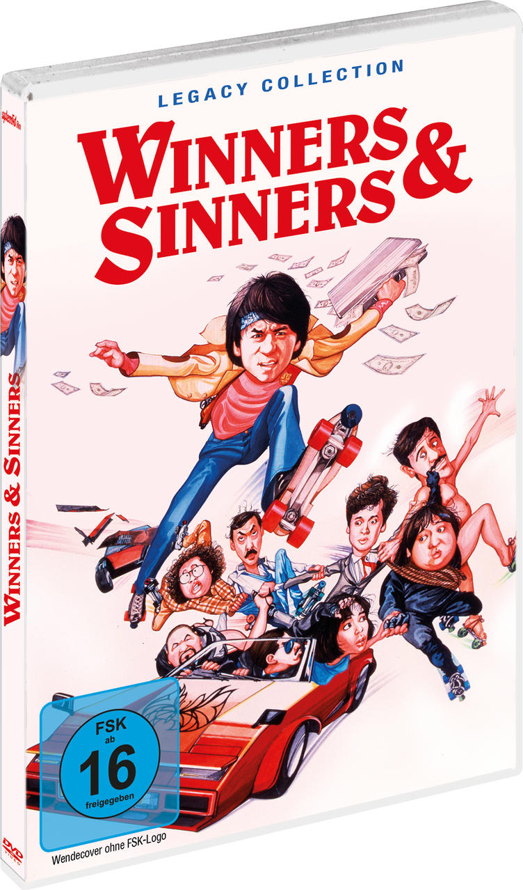 DVD-Cover. Ein Mann auf einem Skateboard, Geld fliegt und andere Charaktere in einem Auto, Rollschuhen und verschiedenen Aktionen.