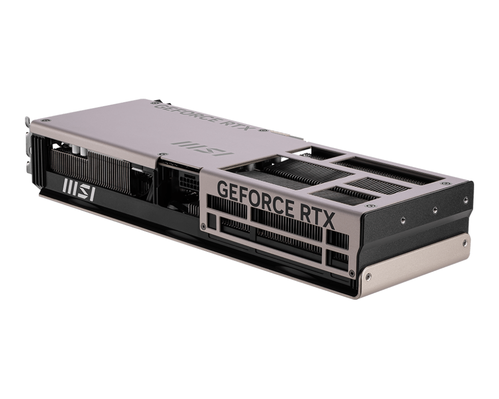Gümüş ve siyah bir MSI GeForce RTX grafik kartı. 'GEFORCE RTX' yazılı metalik bir kasaya sahip.