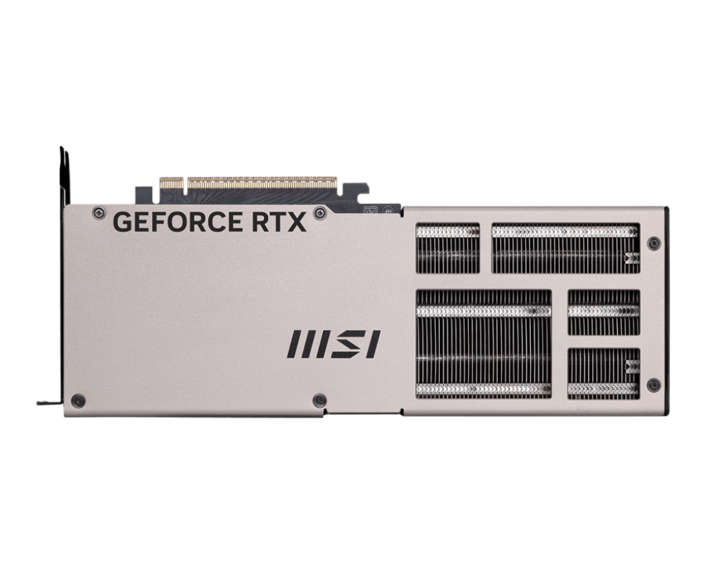 Siyah arka plan üzerinde MSI logosu bulunan gümüş renkli bir GeForce RTX grafik kartı. Sağ tarafta soğutma kanatçıkları var.