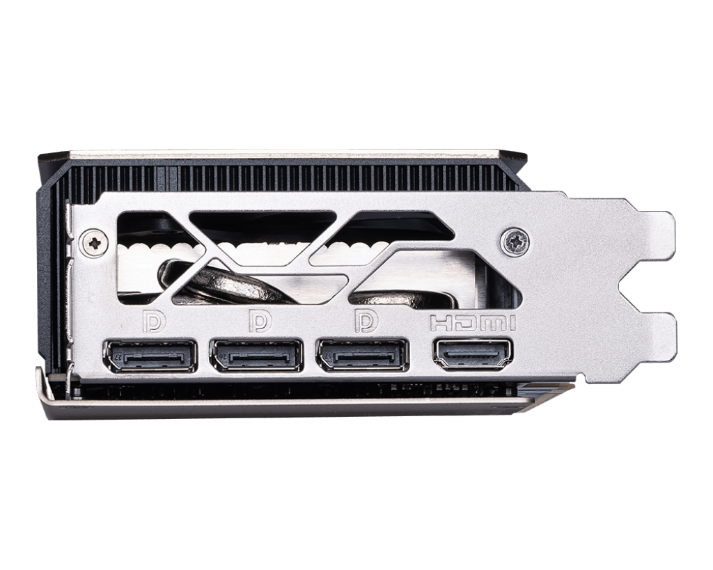 Gümüş bir grafik kartı, üç DisplayPort ve bir HDMI bağlantı noktası gösteriyor. Metal bir çerçeveye ve soğutma kanatlarına sahip.