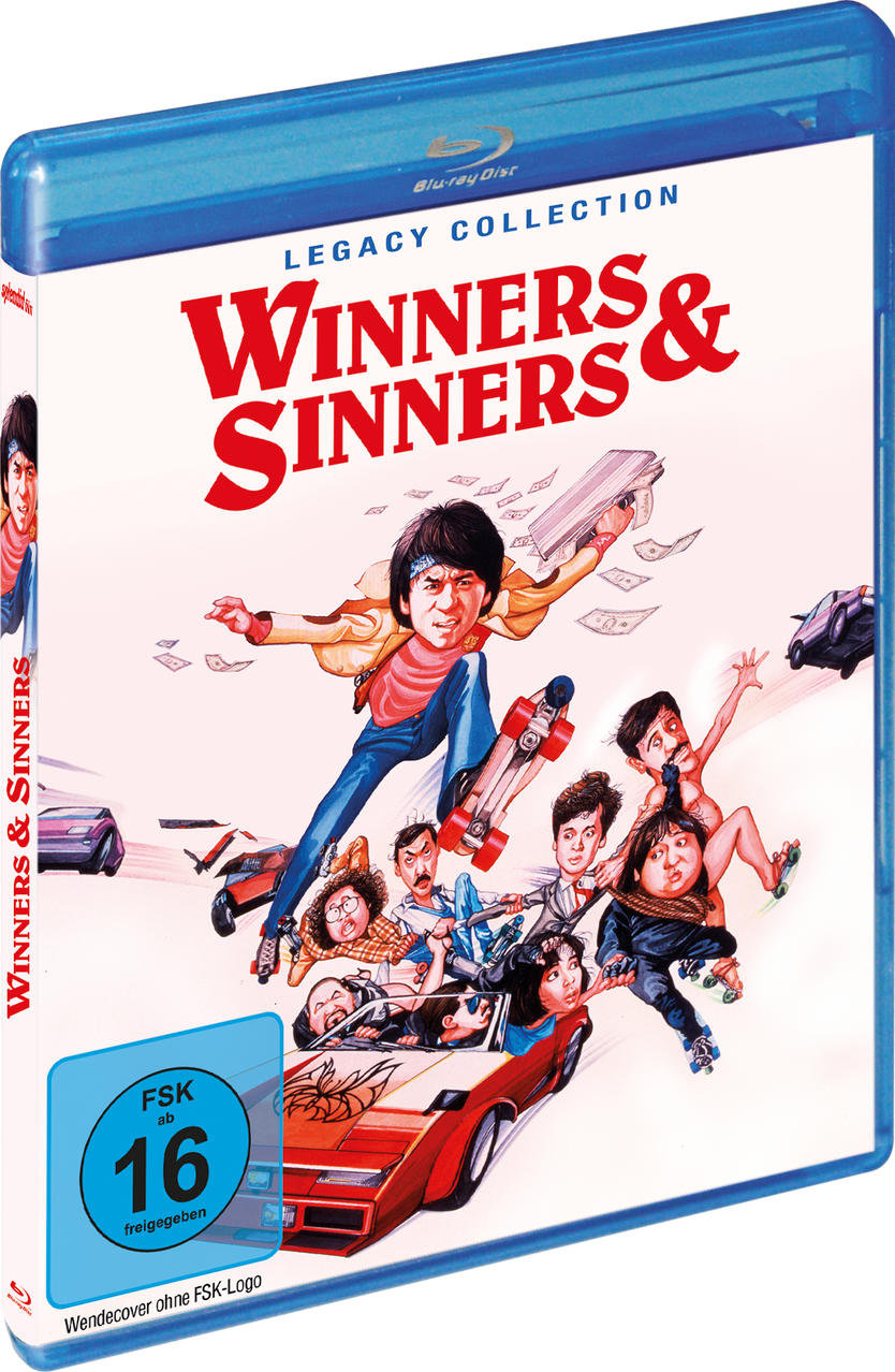 Blu-ray-Cover: "Winners & Sinners". Cartoonartige Darstellung einer Gruppe von Personen, einige auf Skateboards und Rollschuhen, mit einem Auto.