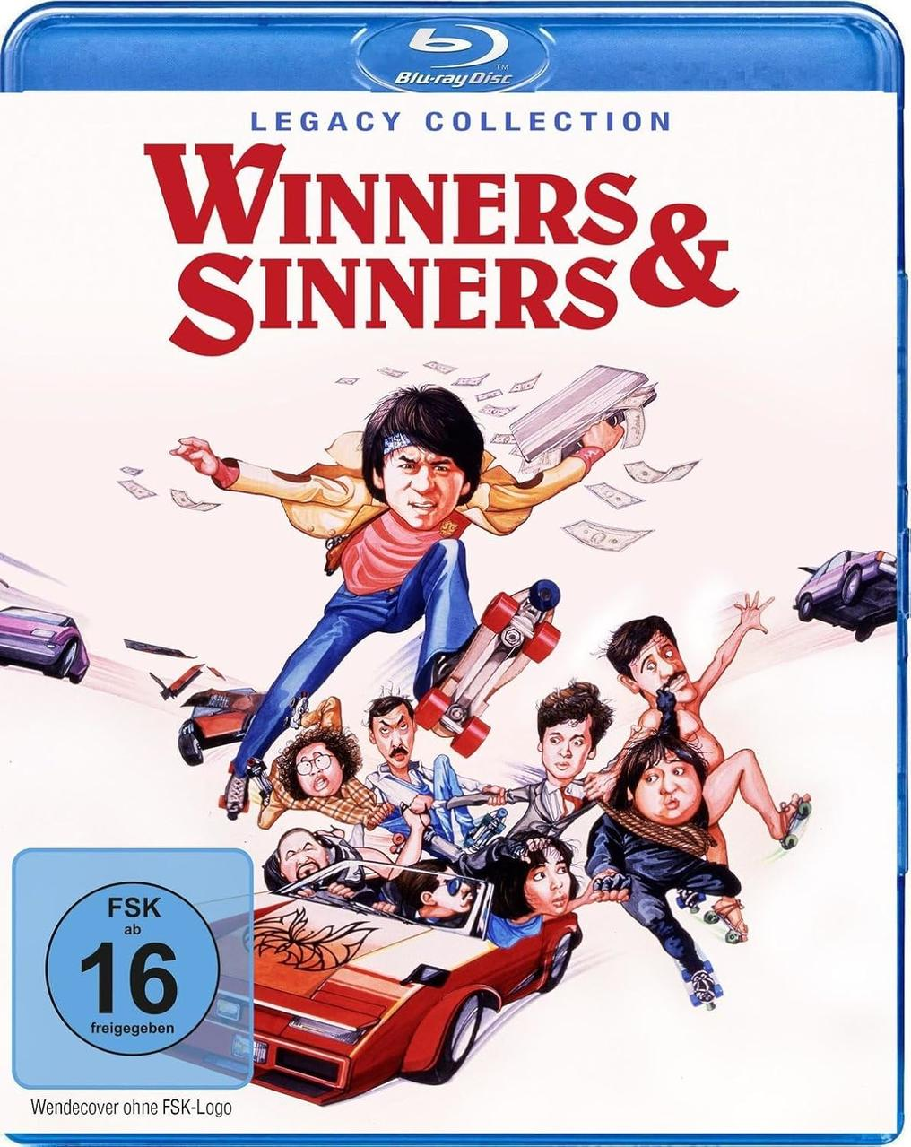 Blu-ray-Cover mit Action-Szene. Jackie Chan und andere auf Skateboards und Autos, mit dem Titel 'Winners & Sinners'.