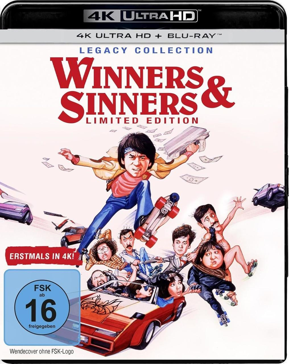 DVD-Cover für Winners & Sinners. Zeigt Cartoonfiguren mit Autos und Skateboards. Das 4K Ultra HD-Logo befindet sich oben.