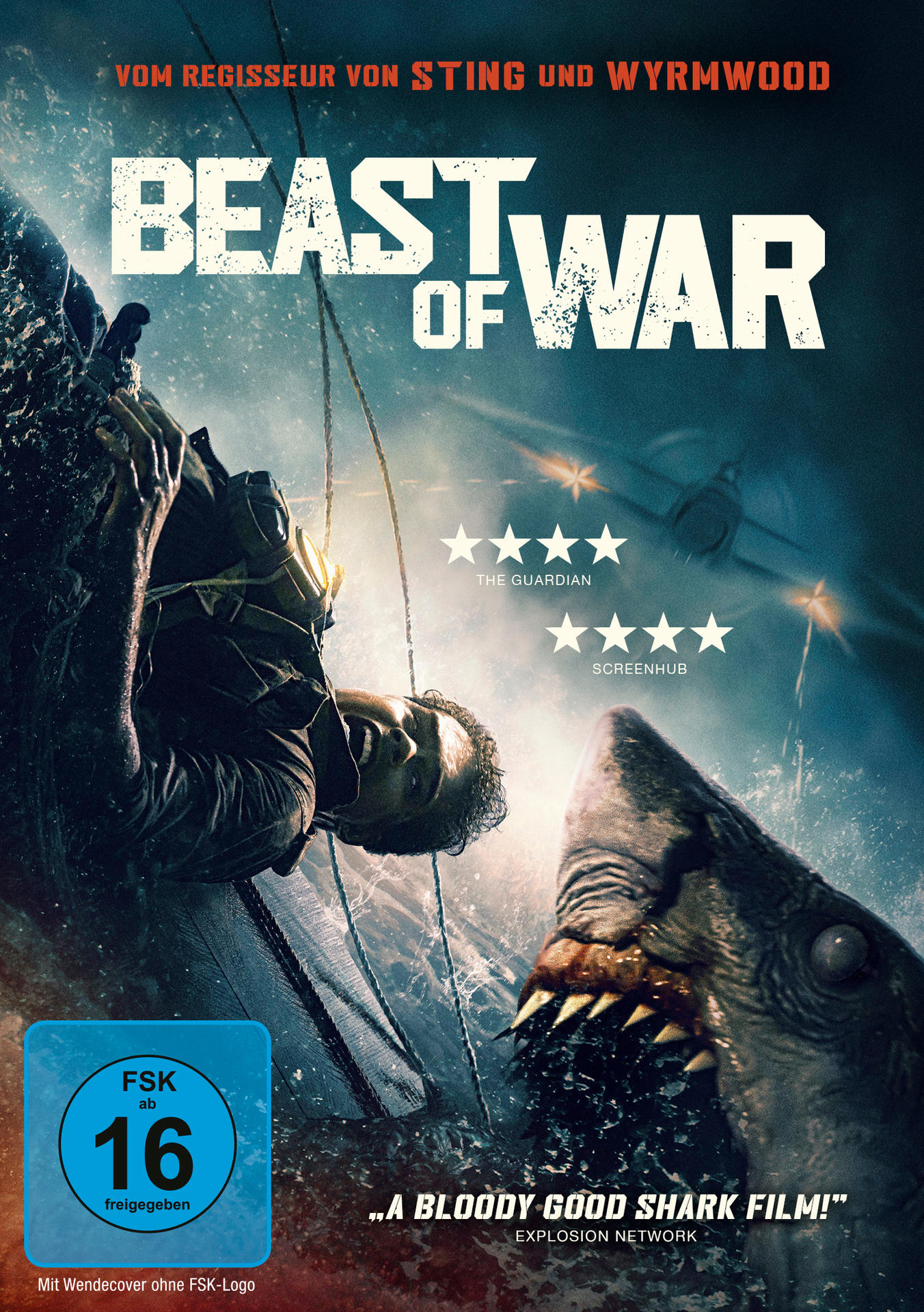 Filmposter: Ein Mann wird von einem Hai angegriffen. Titel: Beast of War. Bewertungen und Altersfreigabe sind vorhanden.